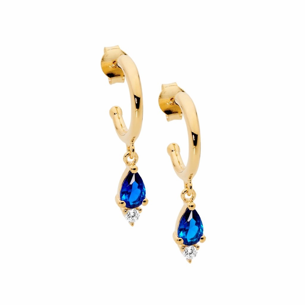 13mm Dark Blue & WH CZ Drop Hoop Earrings - 2 colours