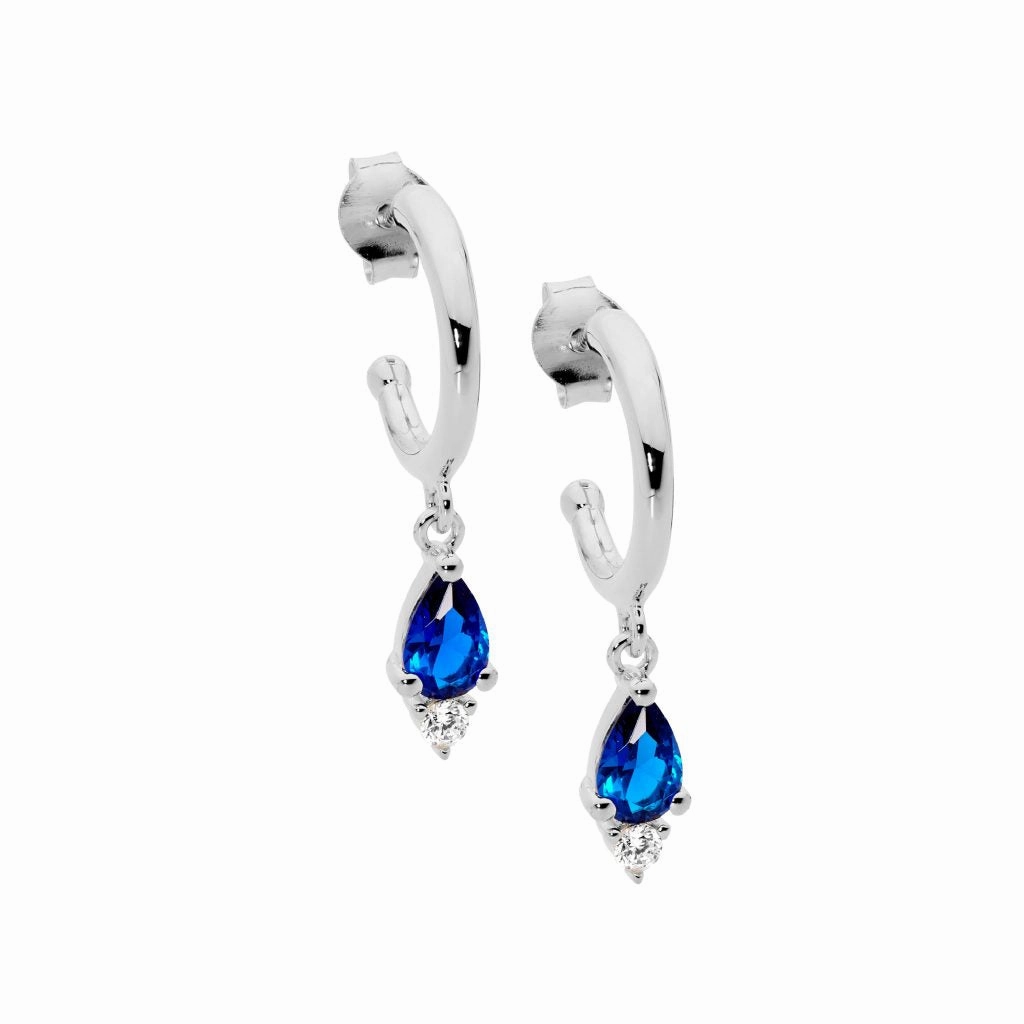 13mm Dark Blue & WH CZ Drop Hoop Earrings - 2 colours