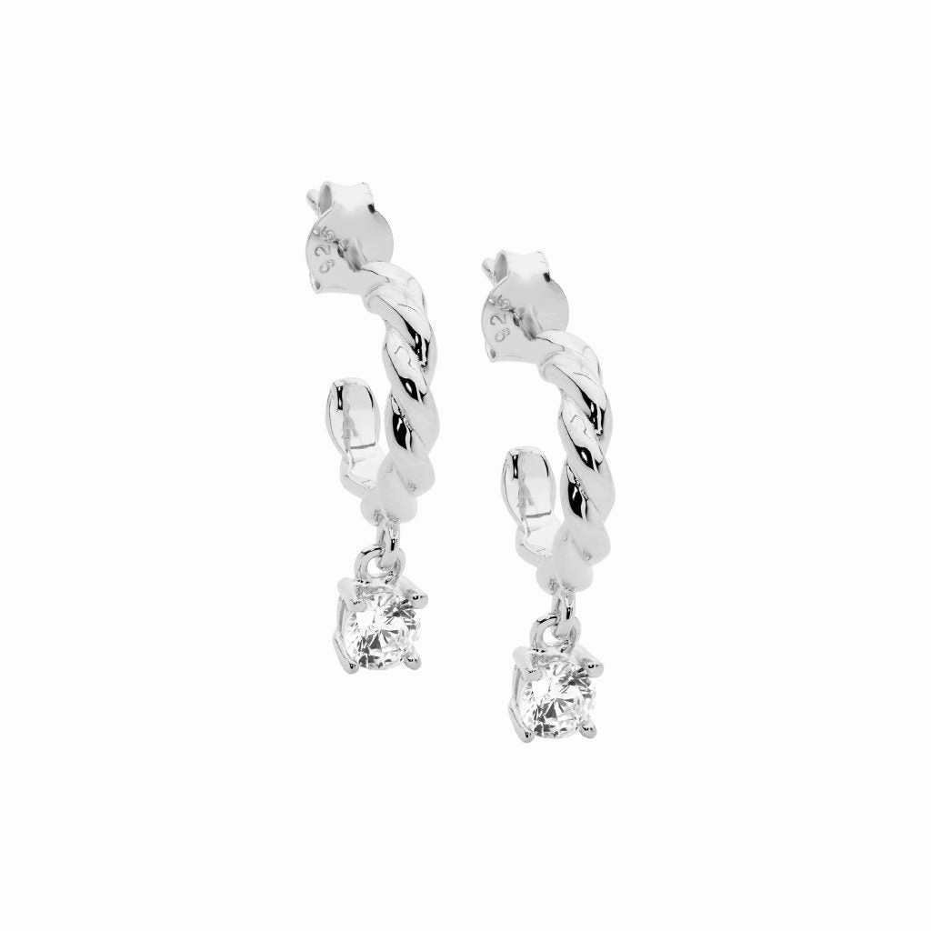 13mm Twist Hoop Earrings w/ WH CZ Drop - 3 colours