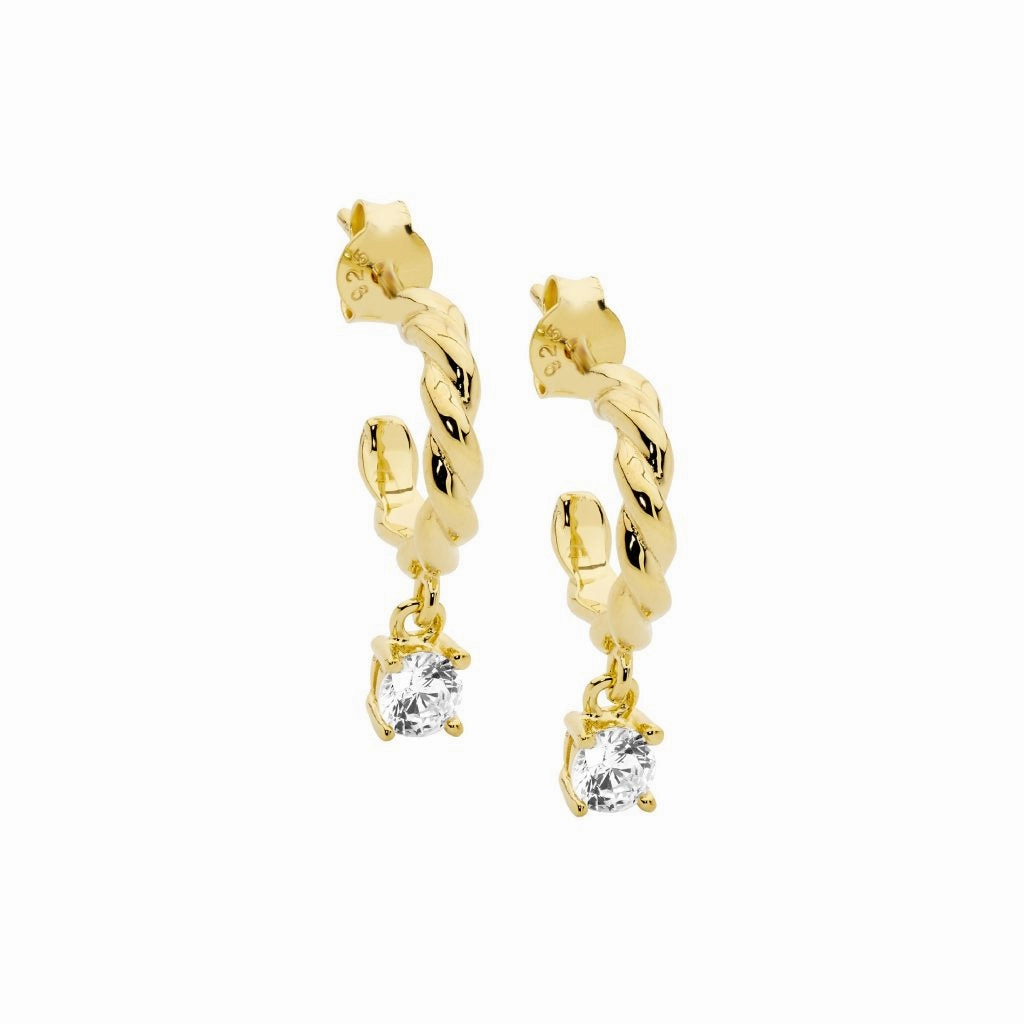 13mm Twist Hoop Earrings w/ WH CZ Drop - 3 colours