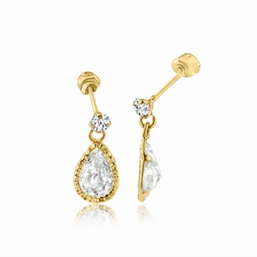 14E00266. - 14 Karat Yellow Gold CZ Teardrop Dangling Screw Back Stud Earrings