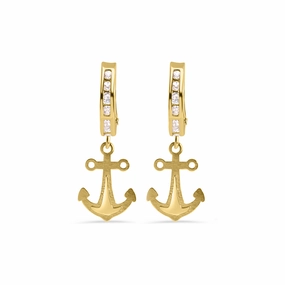 14E00451. - 14 Karat Yellow Gold 12.2mm Hoop Half Studded Clear CZ Anchor Latch Box Earrings