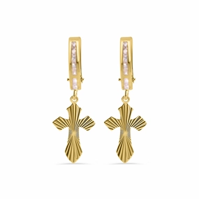 14E00453. - 14 Karat Yellow Gold 12.8mm Hoop Half Studded Clear CZ Diamond Cut Cross Latch Box Earrings