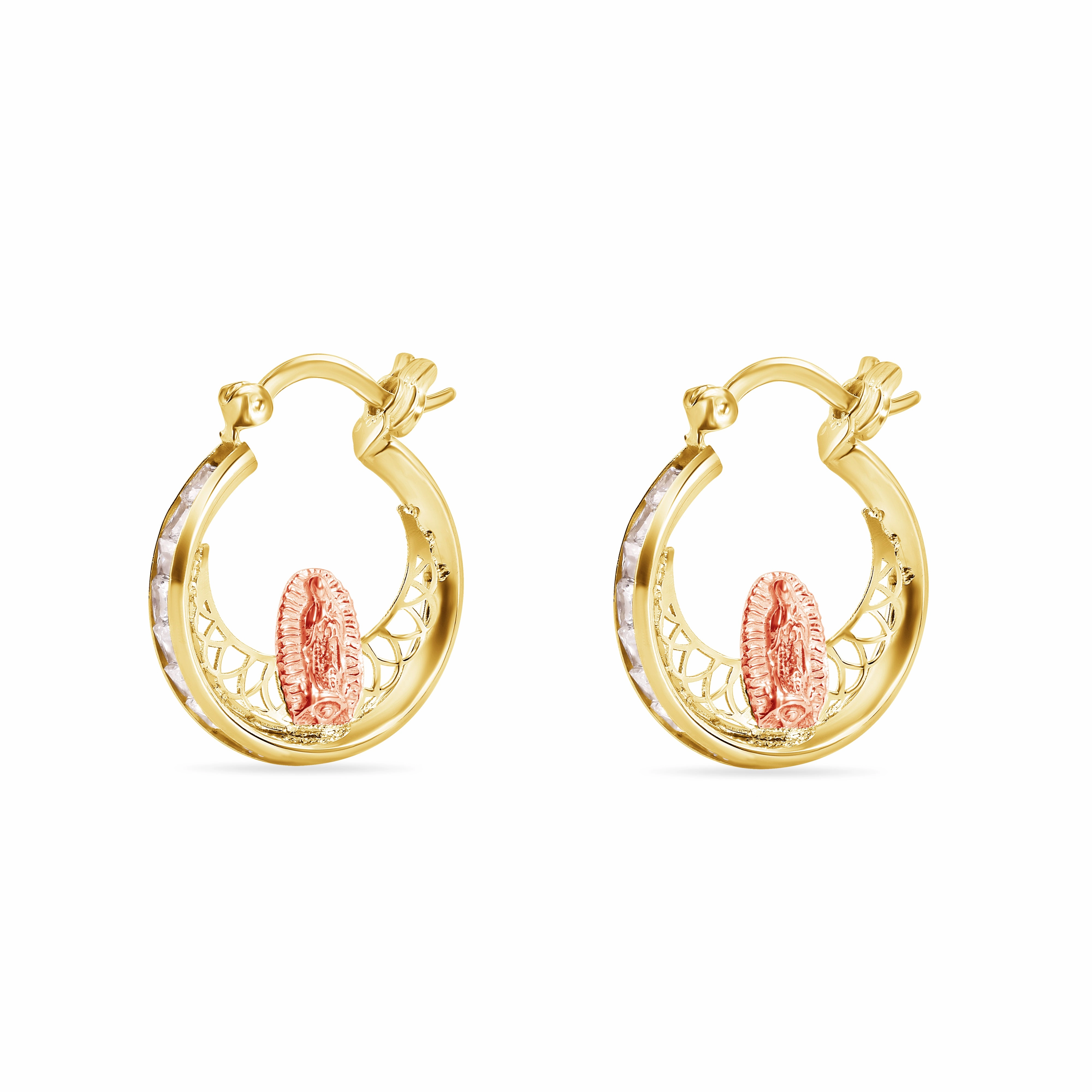 14E00456. - 14 Karat Yellow Gold 17.8mm Two Tone Hoop Studded Clear CZ Our Lady of Guadalupe Latch Box Earrings