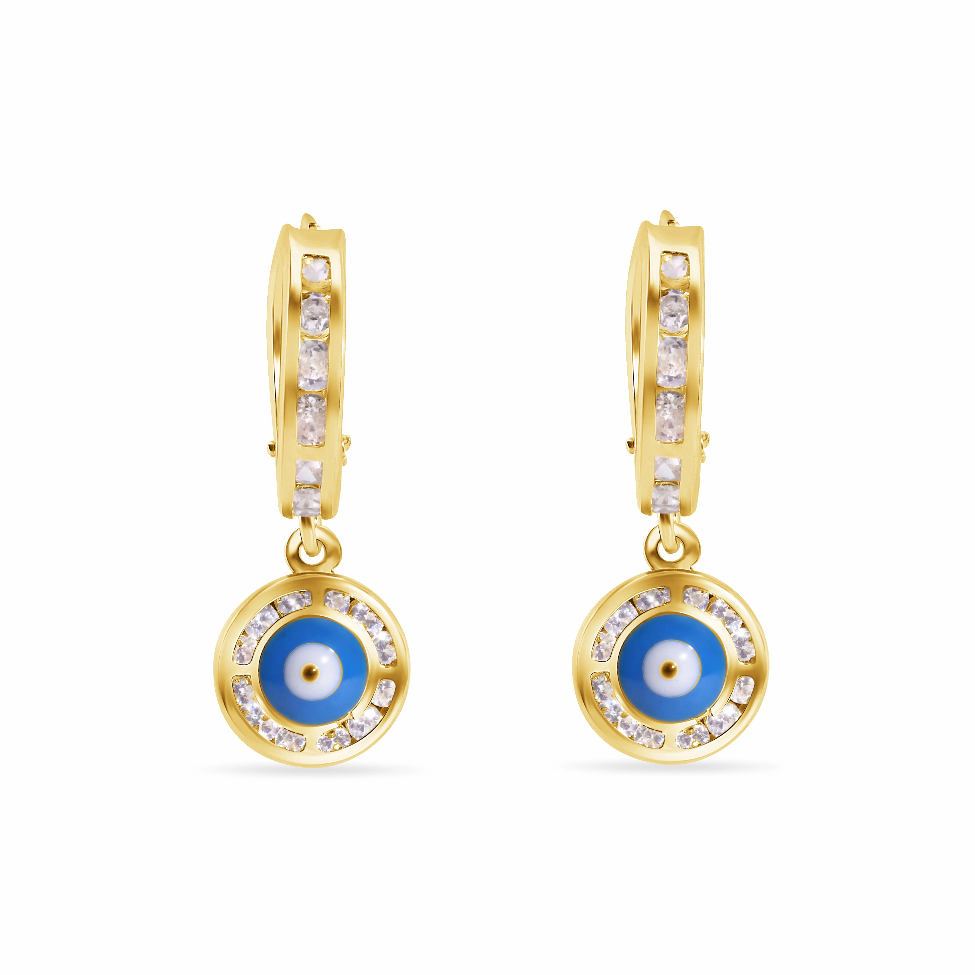 14E00458. - 14 Karat Yellow Gold 12.6mm Hoop Studded Clear CZ Evil Eye Latch Box Earrings