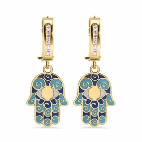 14E00459. - 14 Karat Yellow Gold 11.7mm Hoop Studded Clear CZ Enamel Hamsa Latch Box Earrings