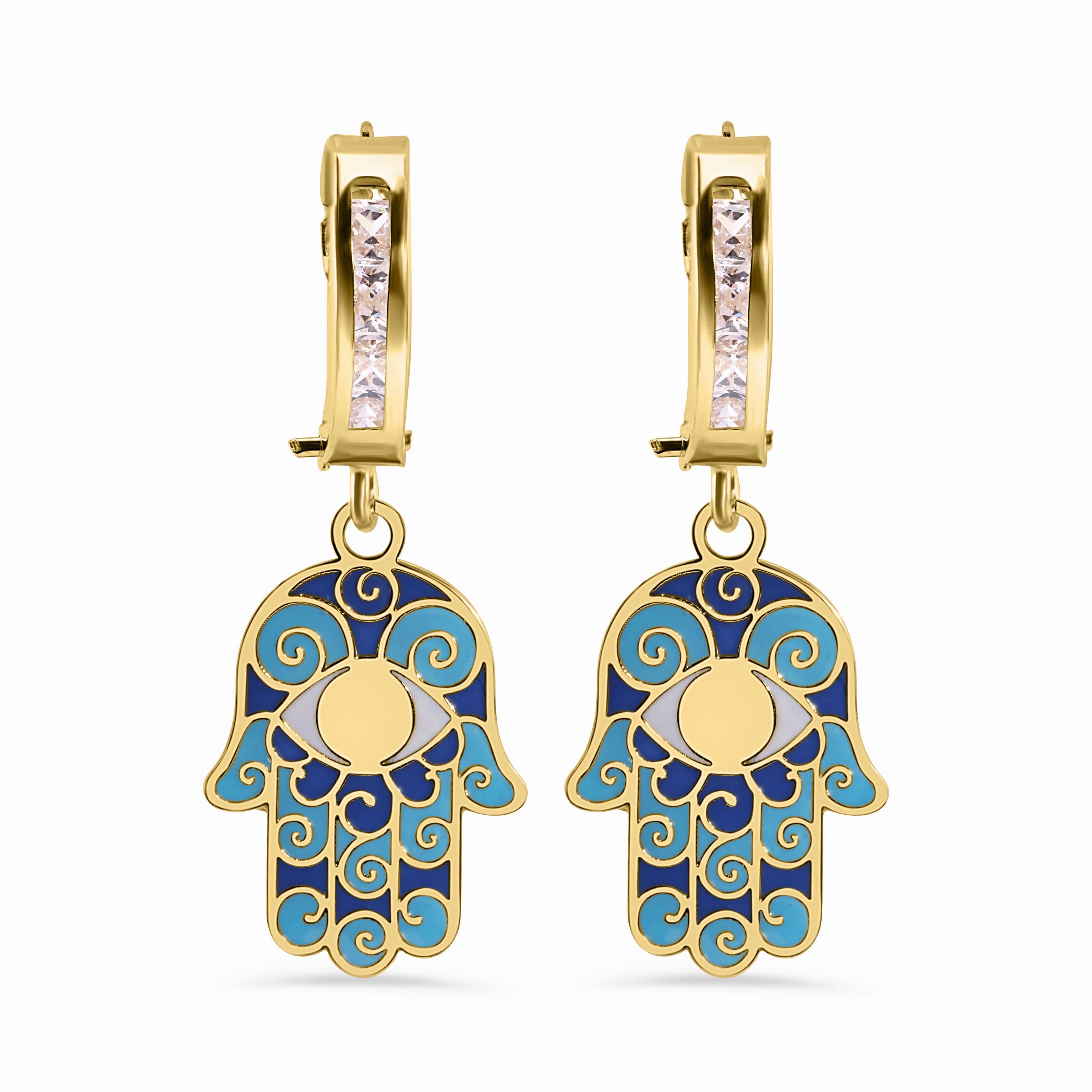 14E00459. - 14 Karat Yellow Gold 11.7mm Hoop Studded Clear CZ Enamel Hamsa Latch Box Earrings