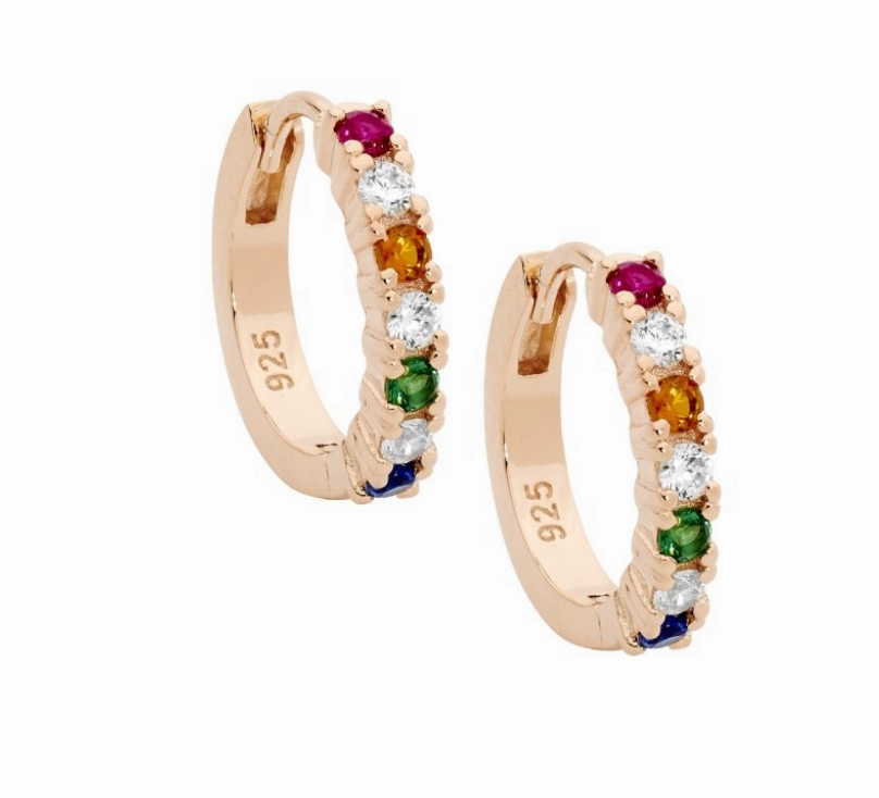 15mm multicoloured rainbow rosegold hoop earrings