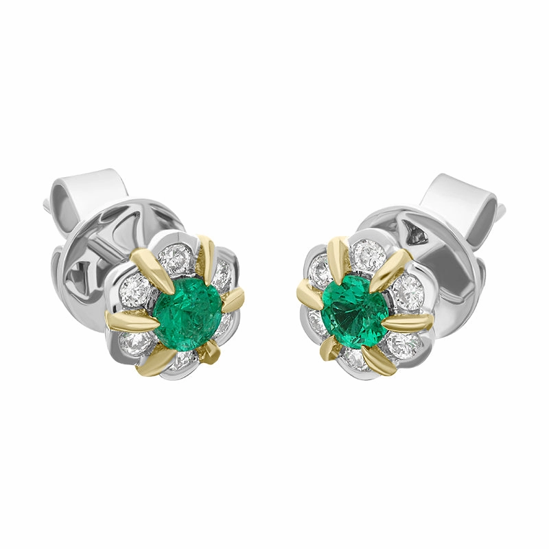 18ct White and Yellow Gold Emerald Diamond Flower Cluster Stud Earrings