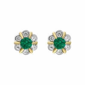 18ct White and Yellow Gold Emerald Diamond Flower Cluster Stud Earrings