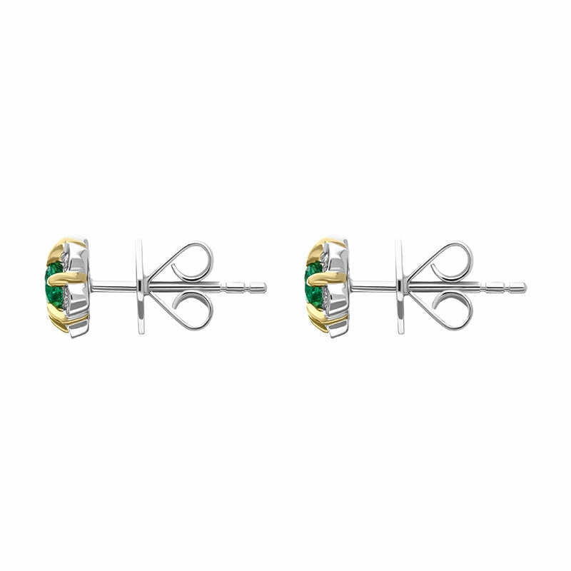18ct White and Yellow Gold Emerald Diamond Flower Cluster Stud Earrings