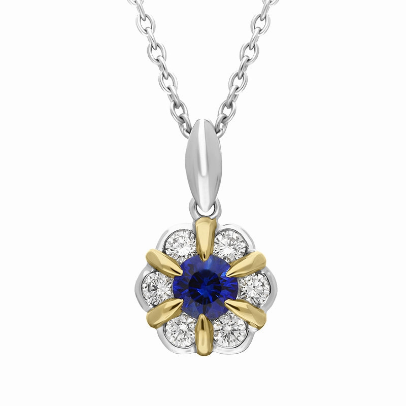 18ct White and Yellow Gold Sapphire Diamond Cluster Flower Pendant