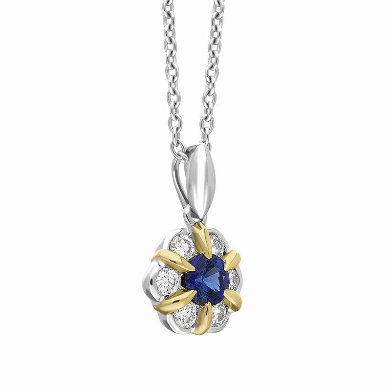 18ct White and Yellow Gold Sapphire Diamond Cluster Flower Pendant
