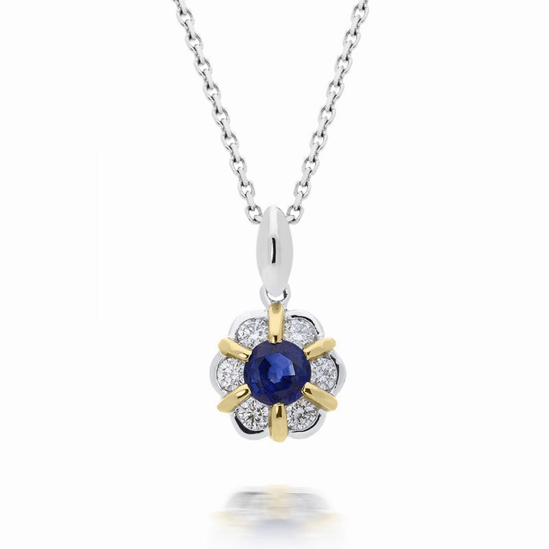 18ct White Gold 0.26ct Sapphire 0.14ct Diamond Floral Cluster Necklace