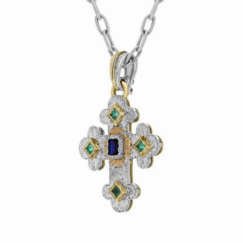 18ct White Gold 0.53ct Sapphire And Emerald Cross Necklace