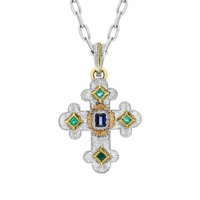 18ct White Gold 0.53ct Sapphire And Emerald Cross Necklace