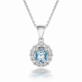 18ct White Gold 0.54ct Aquamarine Diamond Halo Necklace