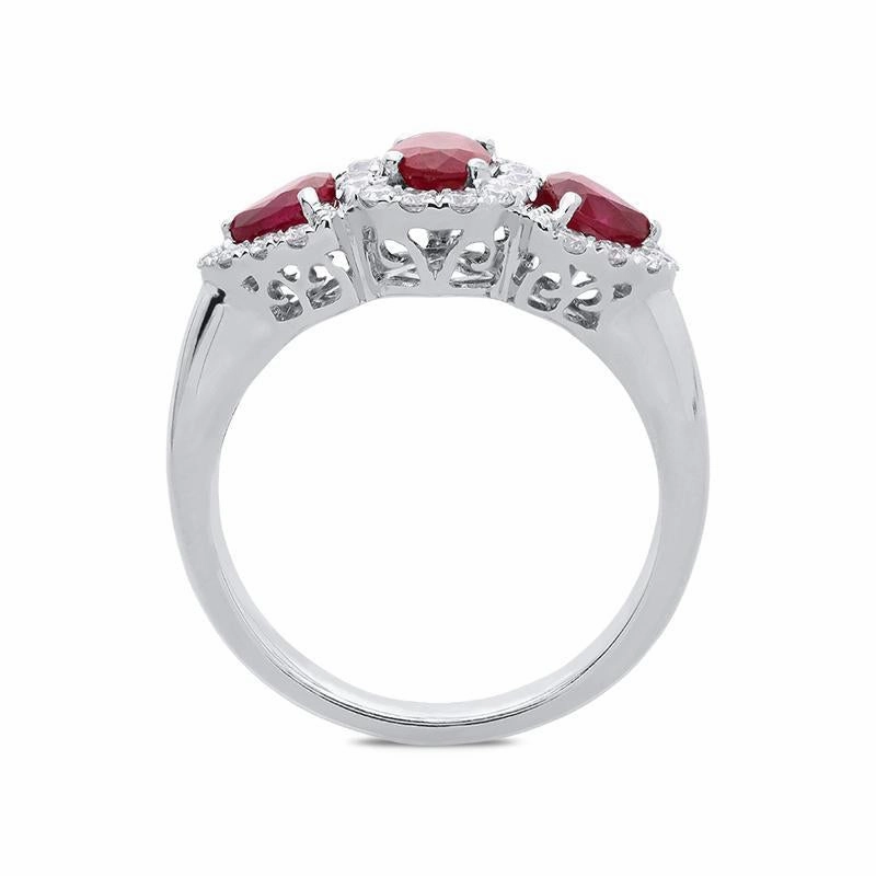 18ct White Gold 0.55ct Ruby Diamond Cluster Trilogy Ring