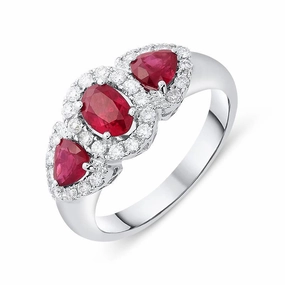 18ct White Gold 0.55ct Ruby Diamond Cluster Trilogy Ring