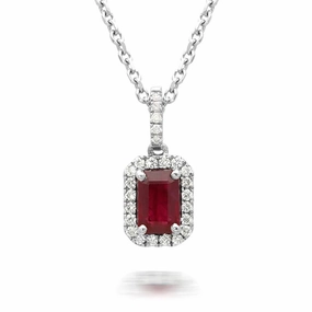 18ct White Gold 0.65ct Ruby Diamond Radiant Cut Cluster Necklace D
