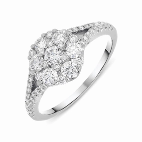 18ct White Gold 0.94ct Diamond Split Shoulder Round Cluster Ring