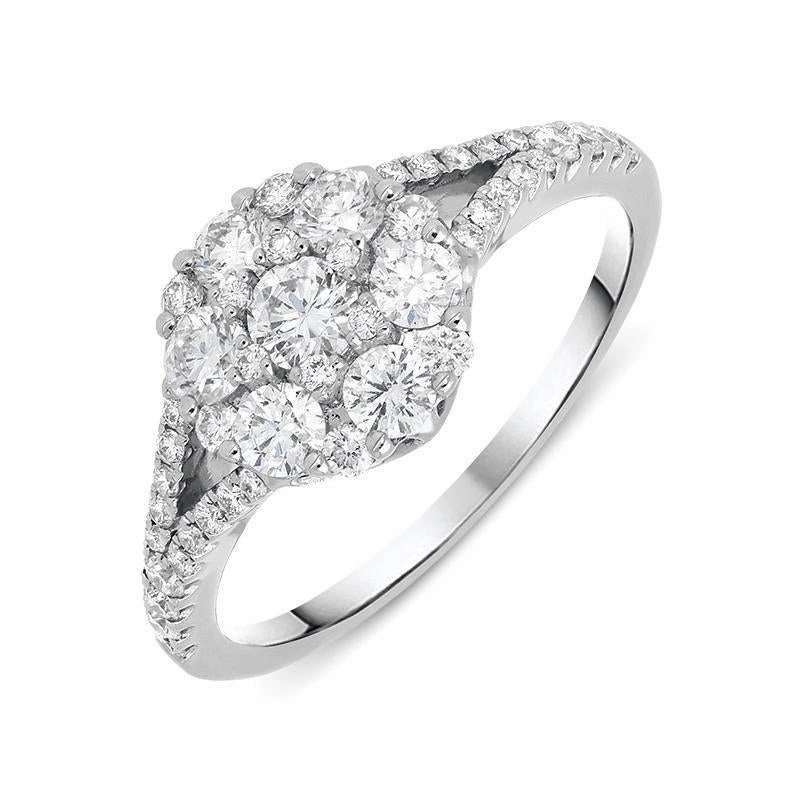 18ct White Gold 0.94ct Diamond Split Shoulder Round Cluster Ring