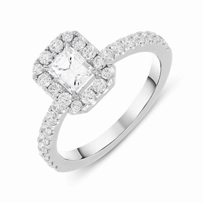 18ct White Gold 1.06ct Diamond Emerald Cut Halo Ring
