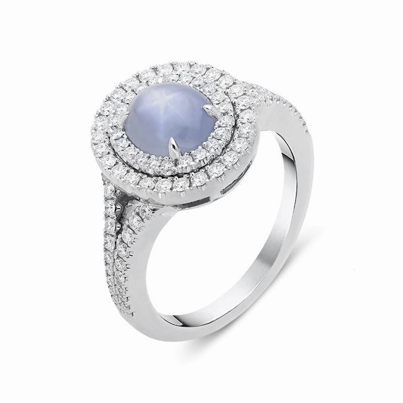 18ct White Gold 2.27ct Star Sapphire Diamond Double Halo Ring D