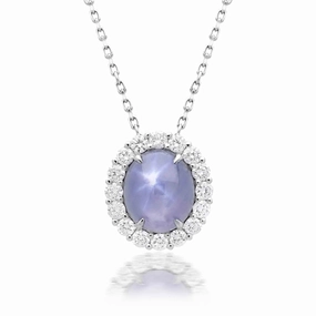 18ct White Gold 3.17ct Star Sapphire Diamond Cluster Necklace