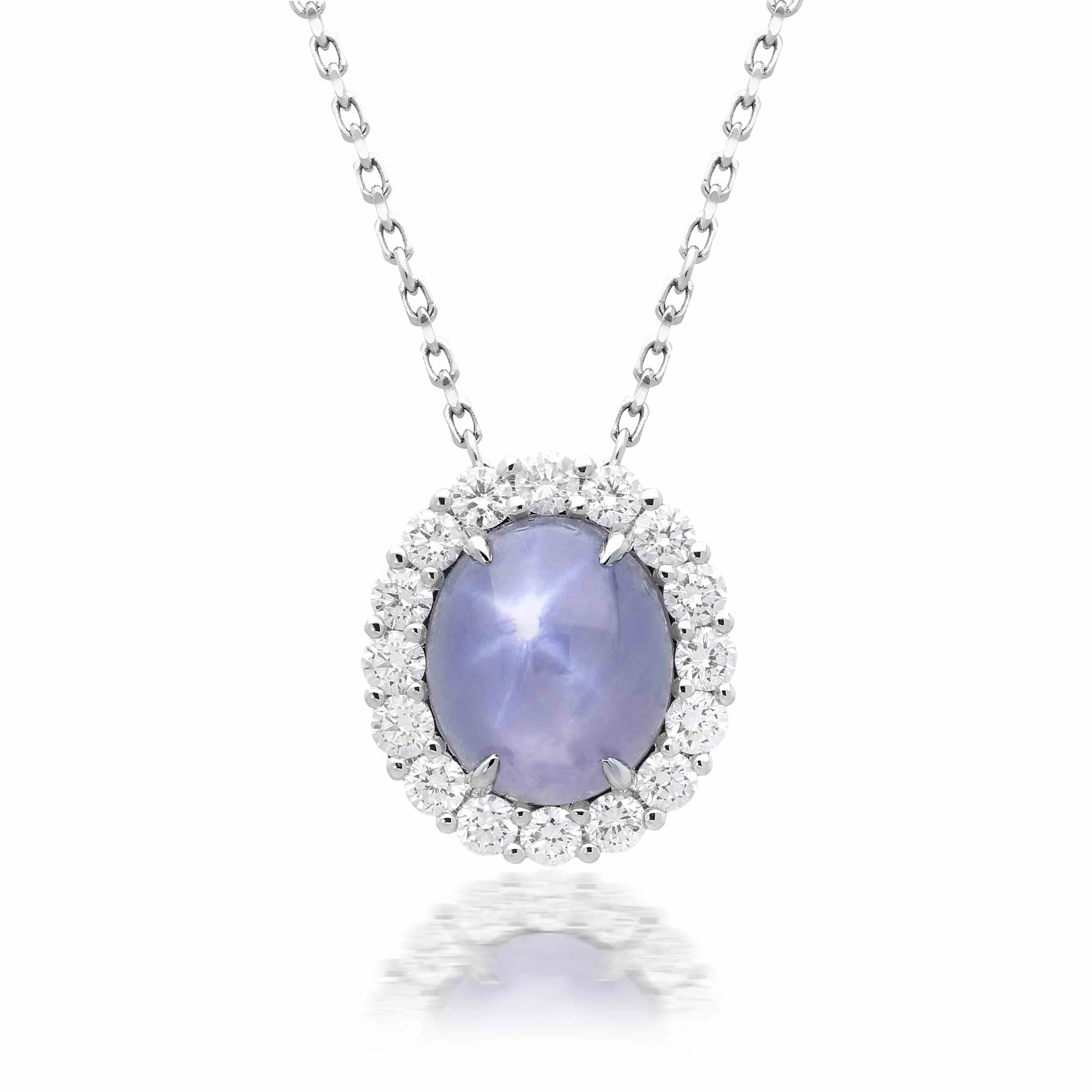 18ct White Gold 3.17ct Star Sapphire Diamond Cluster Necklace