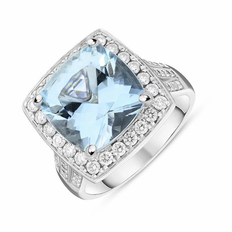 18ct White Gold 7.97ct Aquamarine 1.11ct Diamond Cushion Cut Ring D