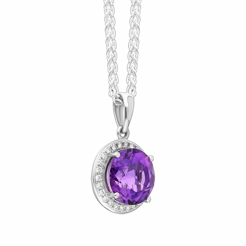 18ct White Gold Amethyst Diamond Round Cluster Necklace