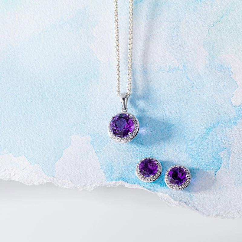 18ct White Gold Amethyst Diamond Round Cluster Necklace