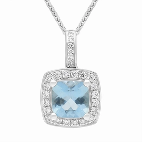 18ct White Gold Aquamarine Diamond Cushion Cut Cluster Pendant