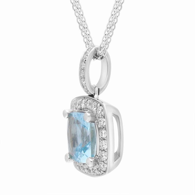 18ct White Gold Aquamarine Diamond Cushion Cut Cluster Pendant