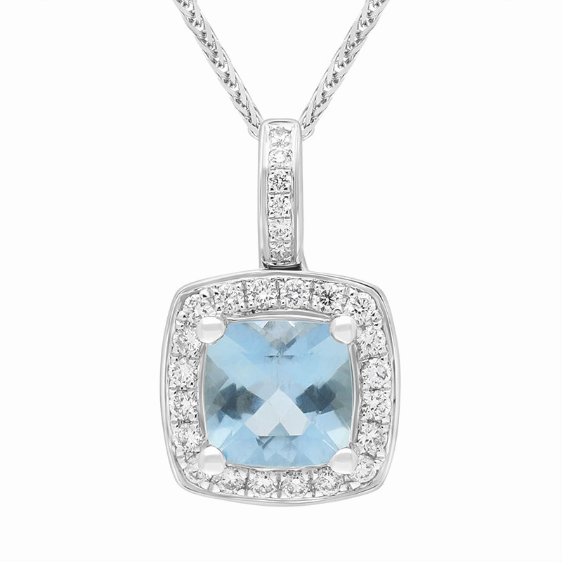 18ct White Gold Aquamarine Diamond Cushion Cut Cluster Pendant