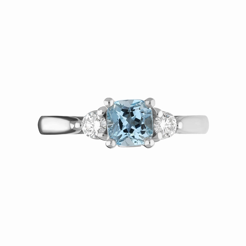 18ct White Gold Aquamarine Diamond Cushion Cut Three Stone Ring