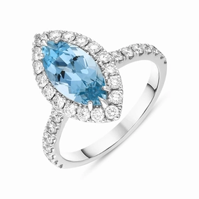18ct White Gold Aquamarine Diamond Marquise Cut Shoulder Set Cluster Ring