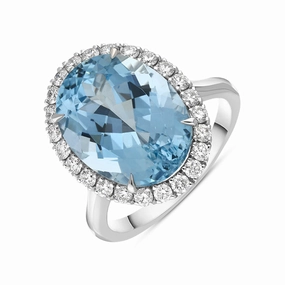 18ct White Gold Aquamarine Diamond Oval Cluster Statement Ring