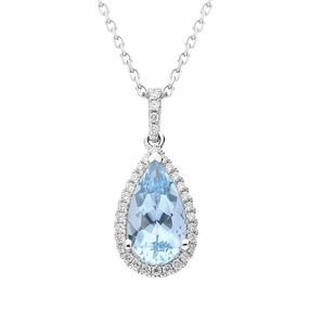 18ct White Gold Aquamarine Diamond Pear Cut Necklace D