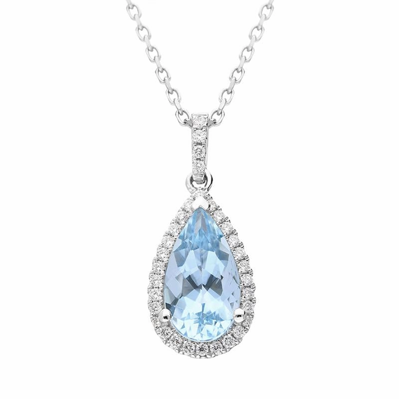 18ct White Gold Aquamarine Diamond Pear Cut Necklace D