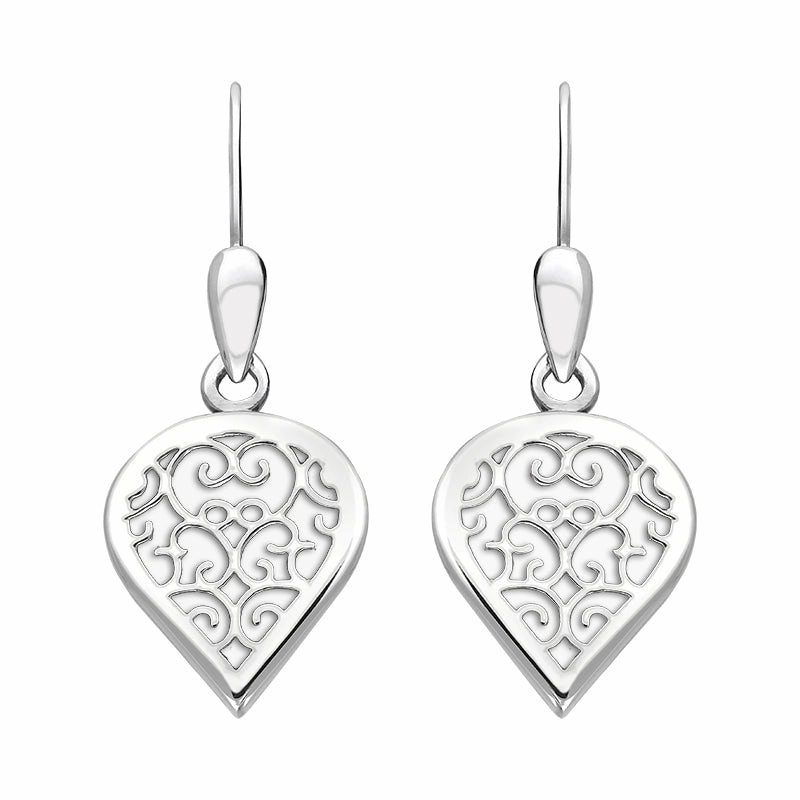 18ct White Gold Bauxite Flore Filigree Heart Drop Earrings