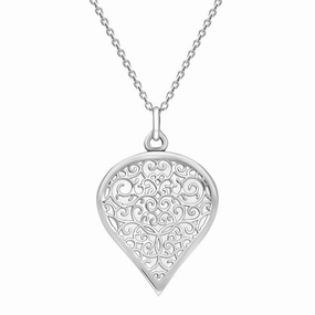 18ct White Gold Bauxite Flore Filigree Large Heart Necklace