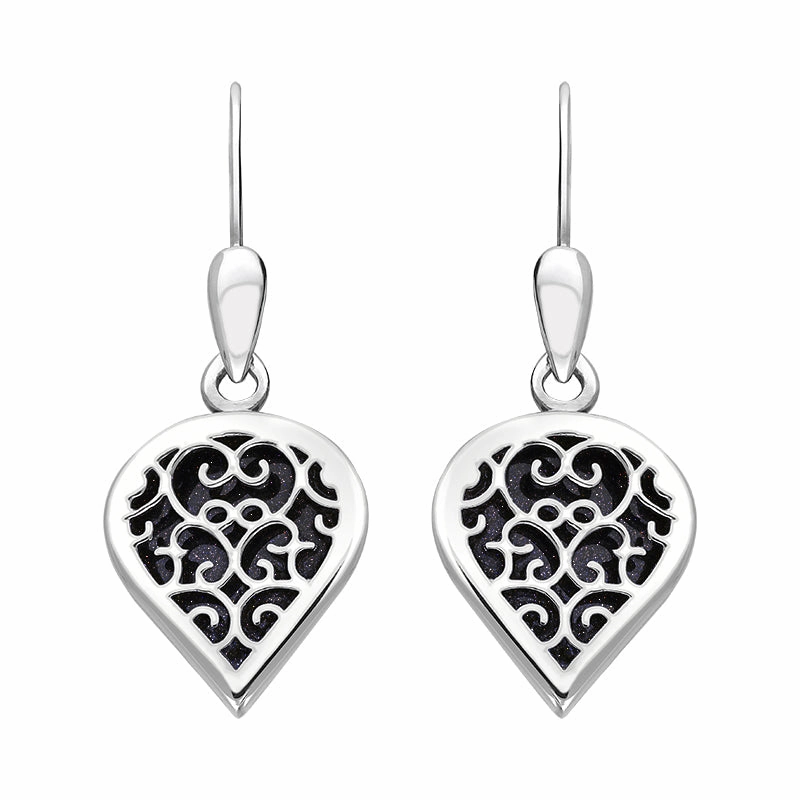18ct White Gold Blue Goldstone Flore Filigree Heart Drop Earrings