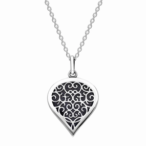 18ct White Gold Blue Goldstone Flore Filigree Medium Heart Necklace