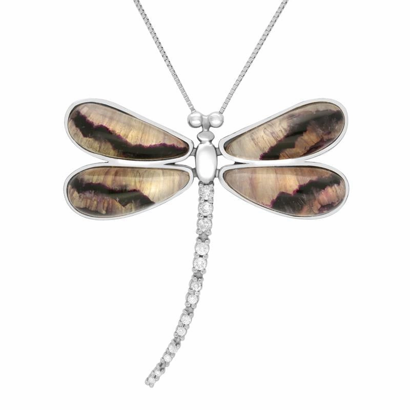 18ct White Gold Blue John Diamond Large Four Stone Dragonfly Necklace