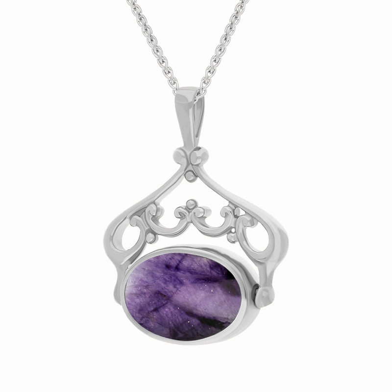 18ct White Gold Blue John Mother Of Pearl Double Sided Oval Swivel Fob Necklace