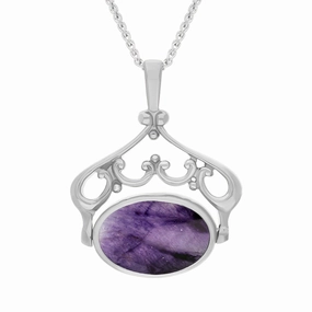 18ct White Gold Blue John Mother Of Pearl Double Sided Oval Swivel Fob Necklace