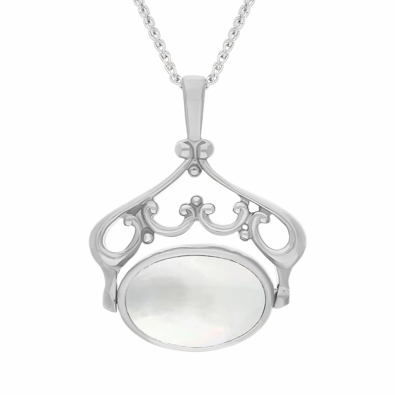 18ct White Gold Blue John Mother Of Pearl Double Sided Oval Swivel Fob Necklace