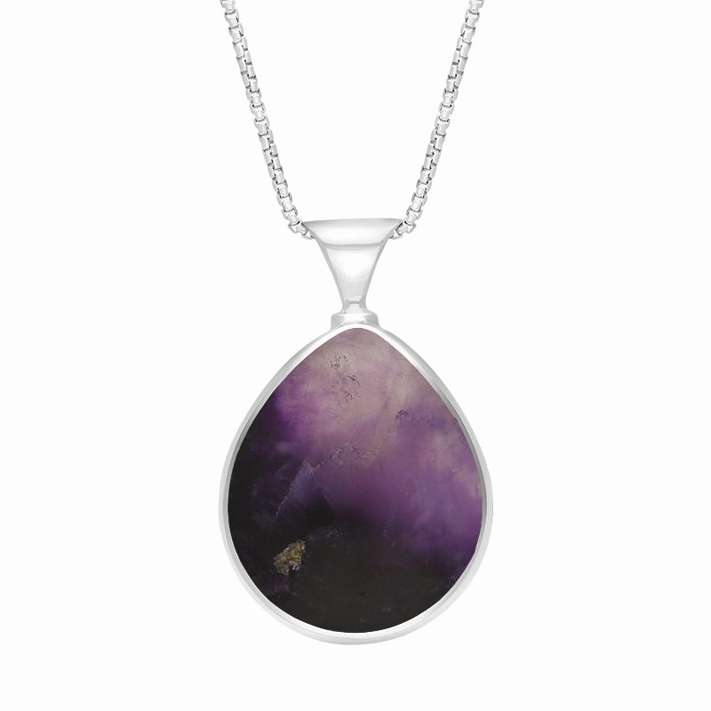 18ct White Gold Blue John Mother of Pearl King's Coronation Hallmark Double Sided Pear-shaped Necklace D